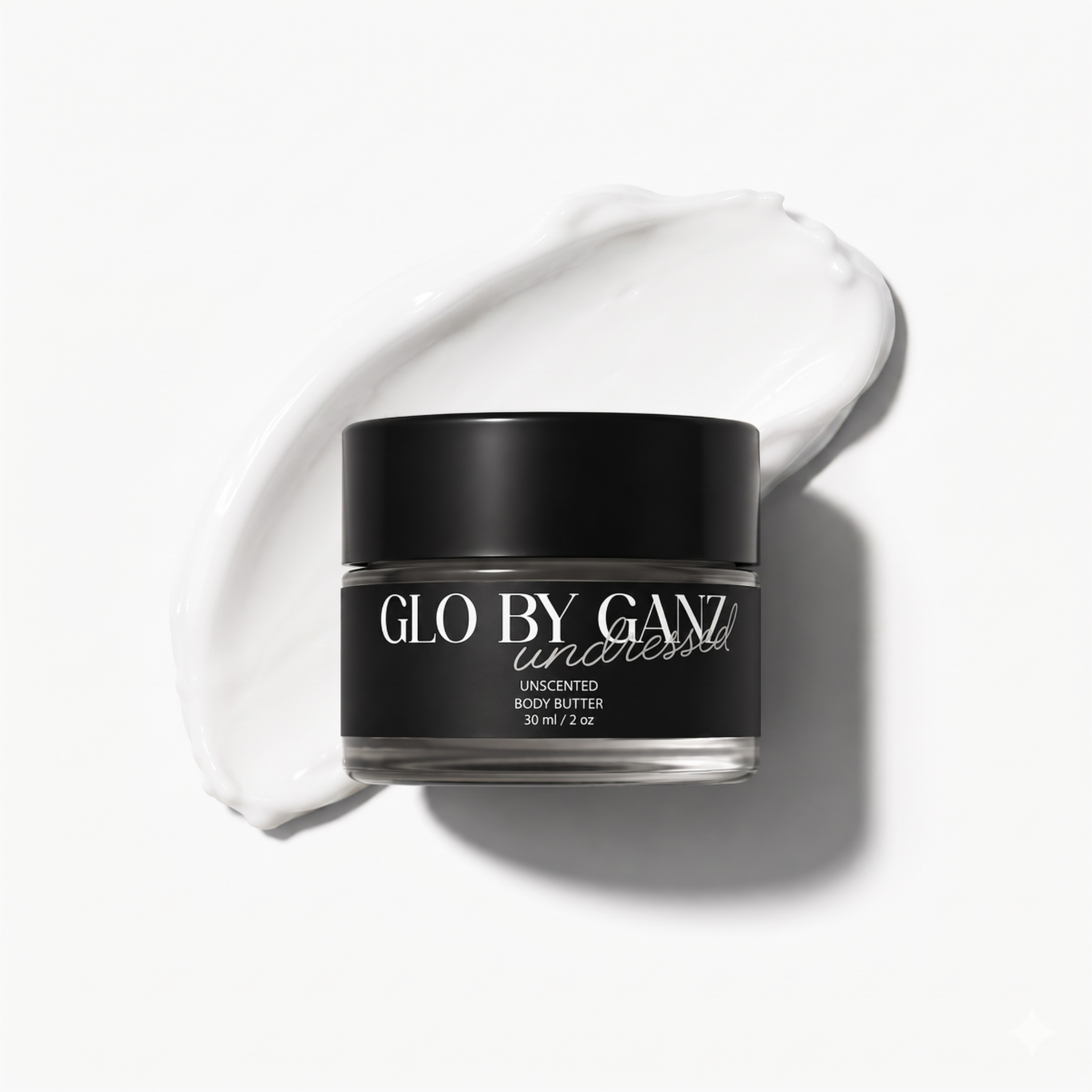 Black jar of 'Glo by Ganz' body butter on a white background