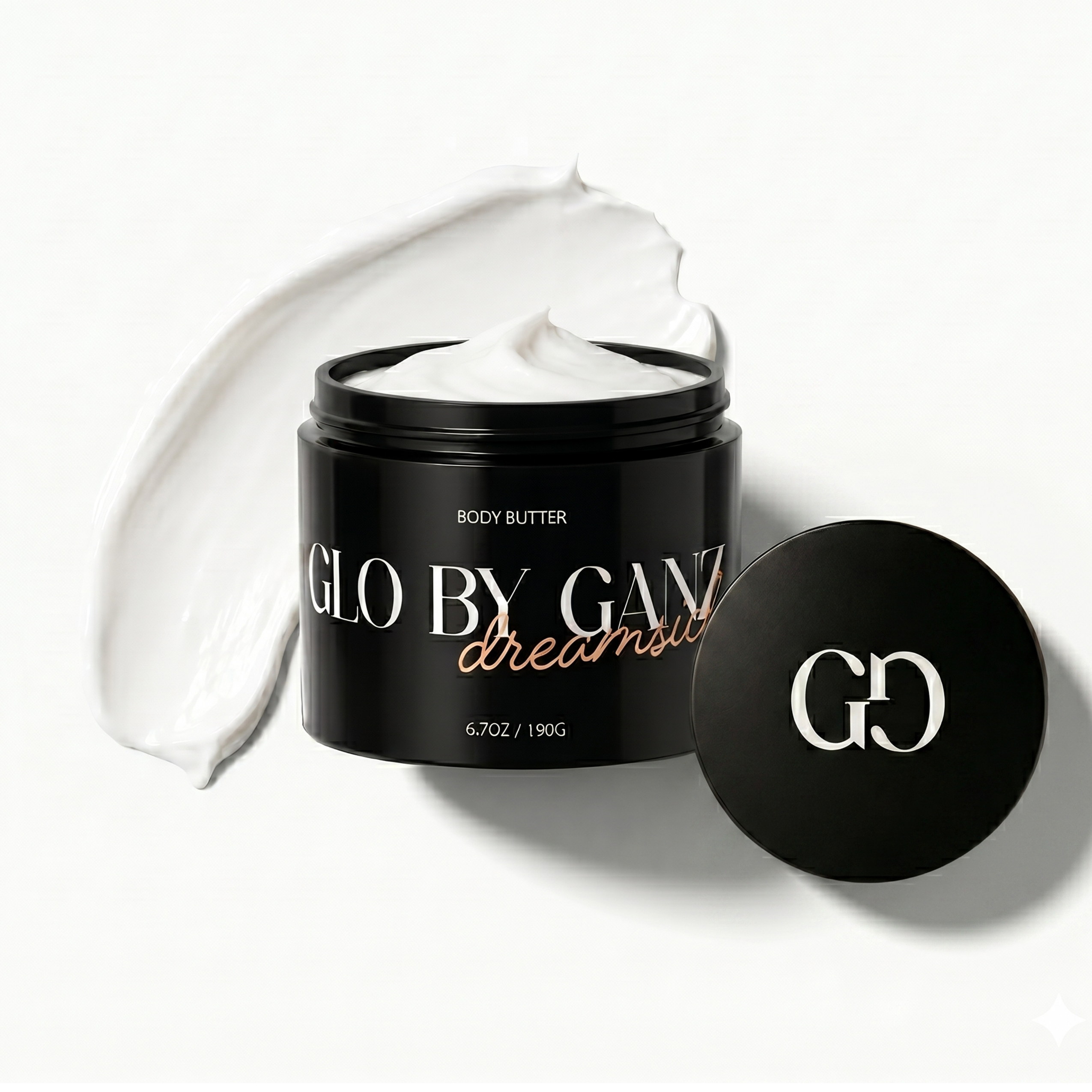Glo By Ganz body butter jar with a white lid on a white background