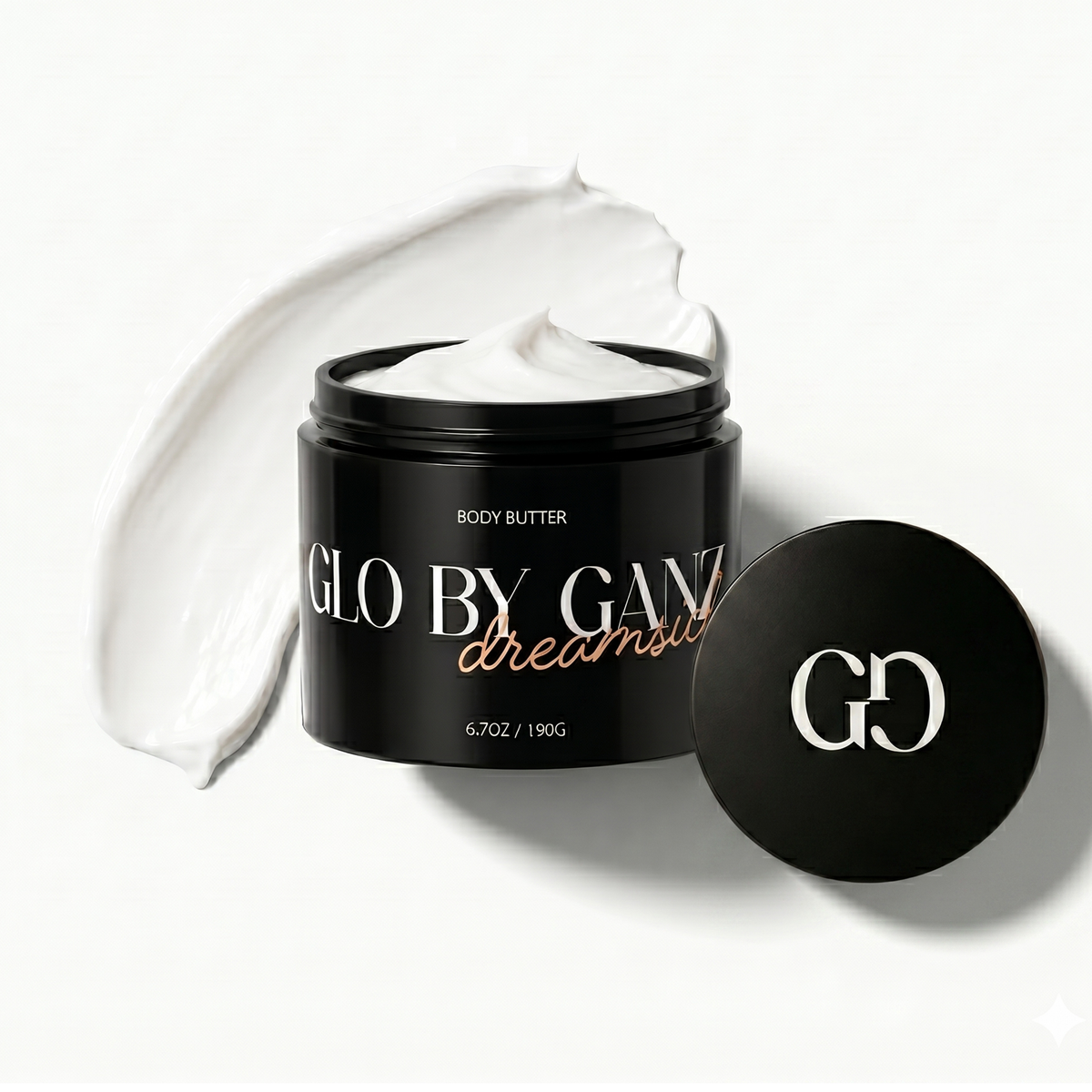 Glo By Ganz body butter jar with a white lid on a white background